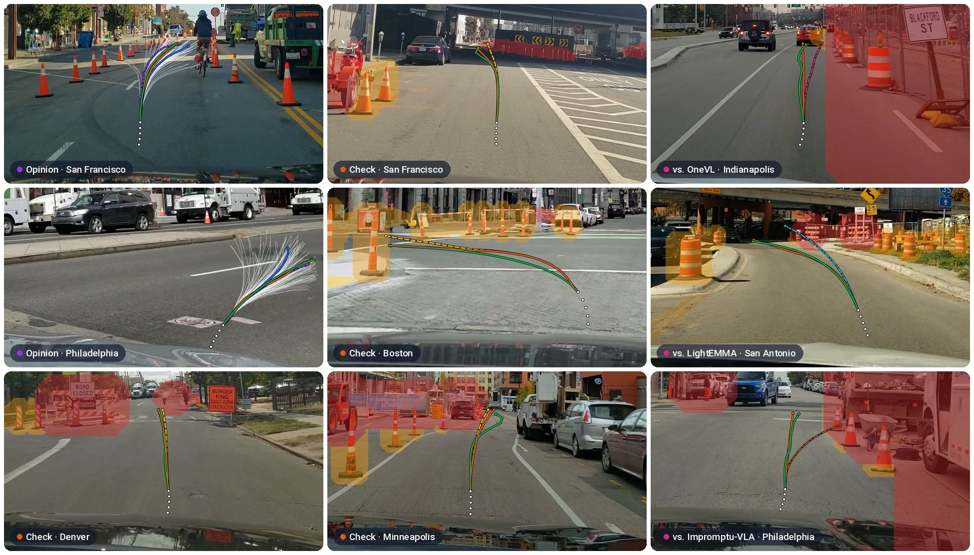 SAGE path predictions overlaid on nine ROADWork work-zone scenes from U.S. cities, from the project page.